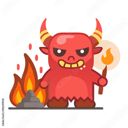 A cartoonish creature with horns and a red face stands in front of a fire