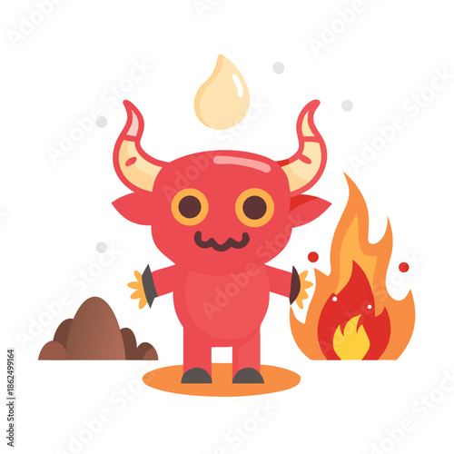 A cartoonish creature with horns and a red face stands in front of a fire