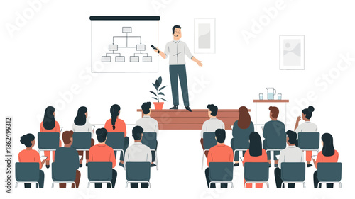 Illustration of a man presenting to a diverse group of people in a conference room with a projector screen.