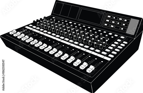 Professional audio mixing console with multiple sliders and knobs