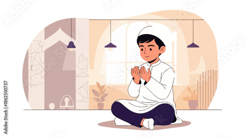 Flat vector illustration of a little boy praying to welcome Ramadan Kareem. Religious worship concept.