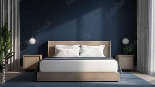 Modern bedroom interior with minimalist bed and blue accent wall