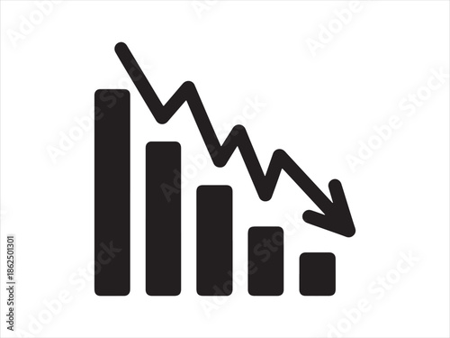 Graph with decreasing bar chart and downward arrow vector symbolizing business decline and loss icon symbol.