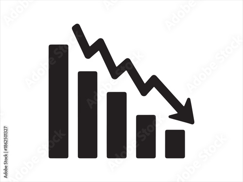 Graph with decreasing bar chart and downward arrow vector symbolizing business decline and loss icon symbol.