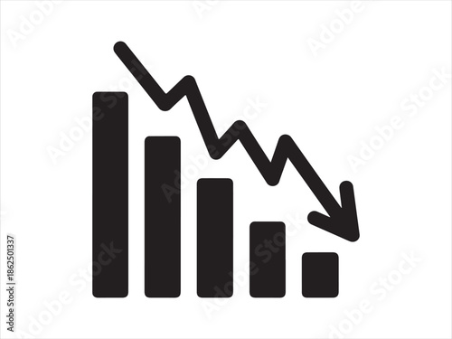 Graph with decreasing bar chart and downward arrow vector symbolizing business decline and loss icon symbol.