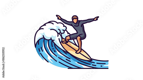 Dynamic illustration of a surfer expertly riding a massive blue ocean wave, embodying the thrill and freedom of water sports and summer adventure
