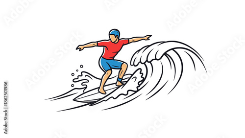 Vibrant illustration capturing the excitement of a surfer skillfully riding a powerful ocean wave, perfect for themes of summer sports, active recreation, and aquatic adventures