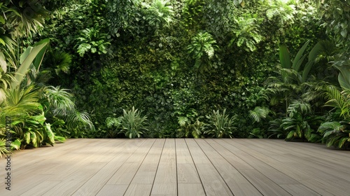 Tropical wooden terrace surrounded by lush greenery and plants