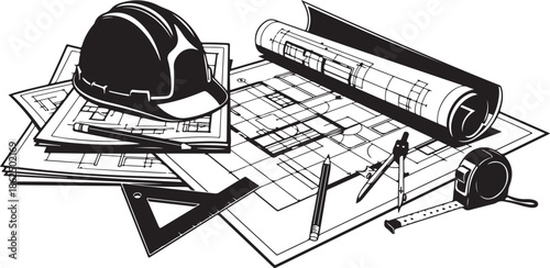 A collection of architectural tools and blueprints