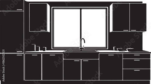 A modern kitchen with sleek black cabinets and a large window