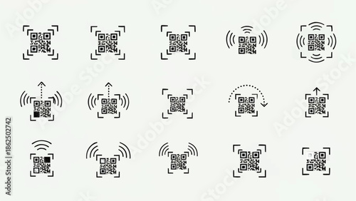 Collection of QR Code Icons with Scanning and Wireless Signals.
