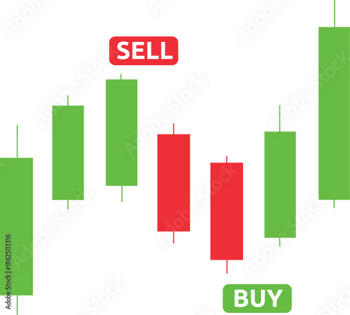 A clean and professional vector illustration of a financial candlestick chart, featuring green bullish and red bearish candles. Includes 'BUY' and 'SELL' signal badges, perfect for trading apps, inves