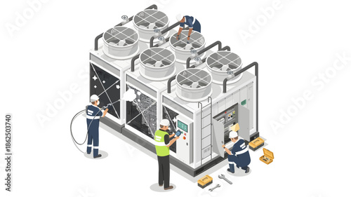 Illustration of technicians servicing an industrial air conditioning unit with tools and equipment.