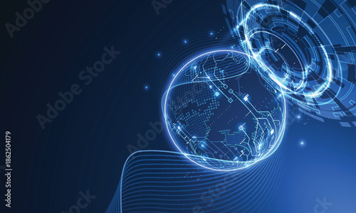 Futuristic Glowing Sphere and Rings Representing Digital Technology and Global Connections.