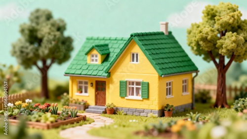 Wallpaper Mural Yellow house with green roof in garden Torontodigital.ca