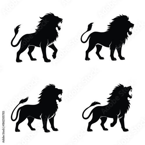 Set of Majestic Roaring Lion Silhouettes With Large Manes and Powerful Stance.