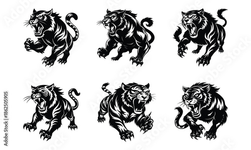 Set of Aggressive Roaring Tiger Silhouettes With Sharp Claws and Powerful Stripes.