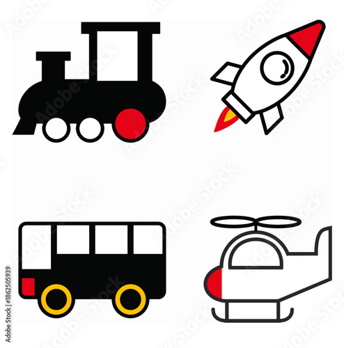 Flat Transportation Black and White for Kids – Train, Rocket, Bus, and Helicopter
