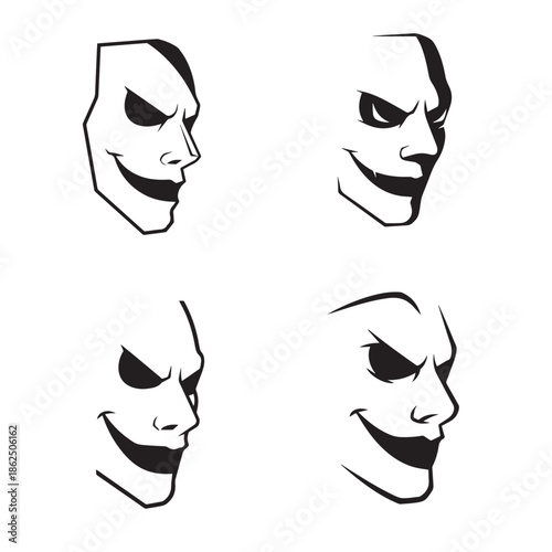 A set of four cartoon masks with different facial expressions