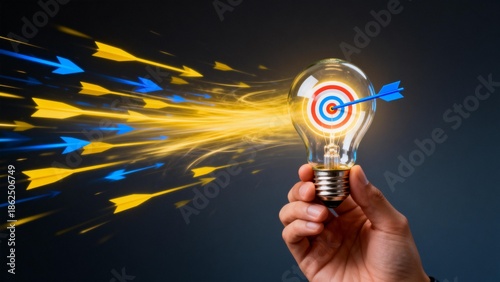 Hand holding light bulb with target and arrows