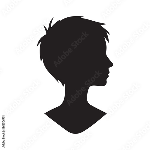 A black silhouette of a young boy's head and shoulders against a white background