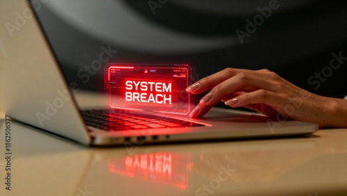 Hand on laptop with system breach alert