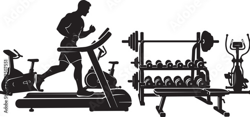 A man running on a treadmill in a modern gym with various exercise equipment