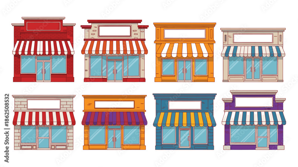 Obraz premium Collection of colorful storefronts with awnings and signage