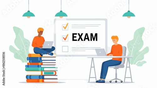 Students preparing for exam with laptops and books