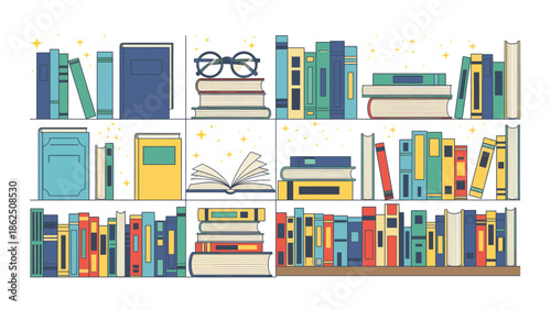 Colorful bookshelf with various books and glasses