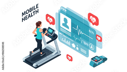 Woman monitoring health while running on treadmill