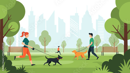 People walking dogs in the park