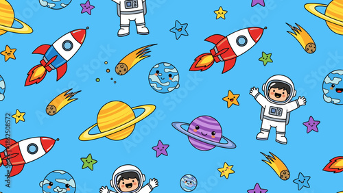 Astronauts and spacecraft in outer space seamless pattern