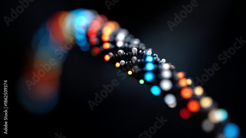 Close-up view of a blurred, multi-colored strand with small spheres against a dark backdrop