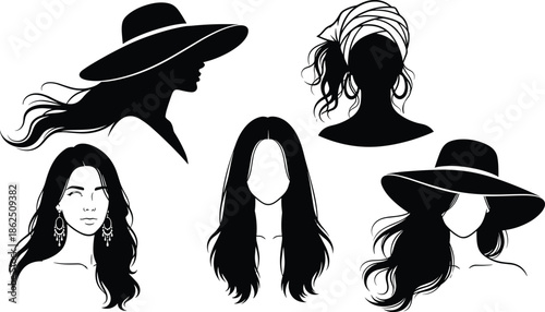 Set of female fashion vector silhouettes featuring women with hats long hair and stylish accessories. (15 words)