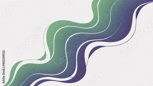 Abstract wave design with green and purple colors on a white background.