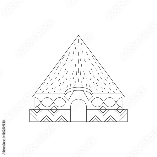 Minimalist vector illustration of a traditional village hut with decorative roof patterns, designed in a clean line-art style. Suitable for cultural projects, architecture concepts, rural lifestyle vi