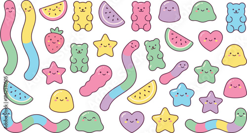 Cartoon candy mix illustration, gummy bears, fruit slices, smiling sweets, pastel treats, playful design, cheerful vector art