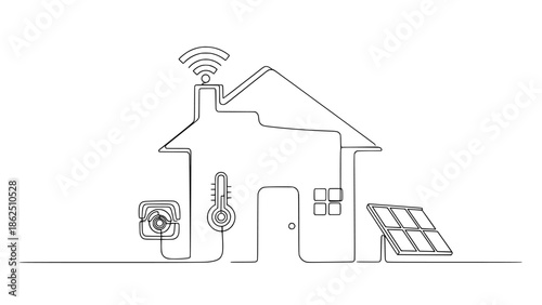 Single line drawing abstract representation of a modern smart home ecosystem featuring wifi connectivity solar energy and internal climate control systems