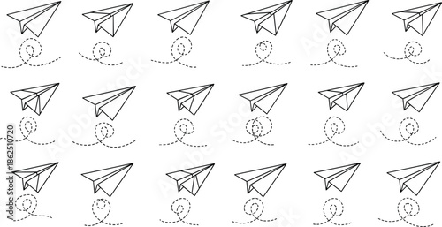 Set of Flying Paper Airplane Vector Icons with Dotted Route Trails in Black and White Outline Style