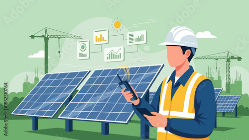 Solar energy technician monitoring solar panels with tablet and radio.