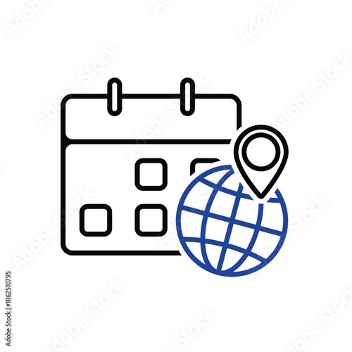 Holiday calendar. Travel icon. Globe and location with calendar behind it. Long holiday, beach, mountain. Outline design style
