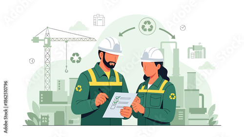 Two construction workers in hard hats discussing plans.