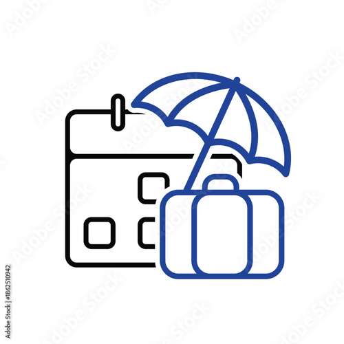 Vacation icon. Travel. Backpack with umbrella and calendar on the back. Long holiday, beach, mountain. Outline design style.