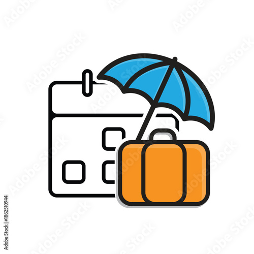 Vacation icon. Travel. Backpack with umbrella and calendar on the back. Long holiday, beach, mountain. Mixed design style.