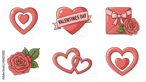 Valentine's Day illustrations featuring hearts, roses, and gifts in a romantic setting