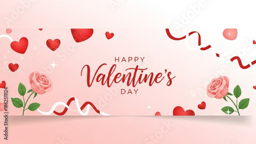 Celebrating Valentine's Day with love hearts and roses in soft pink hues from an aerial viewpoint