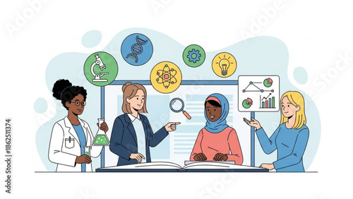 Four women collaborating on a project in a modern office environment with global icons displayed