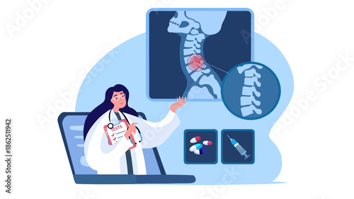 Illustration of a female doctor pointing at a spine x-ray on a screen with a laptop and medical icons.