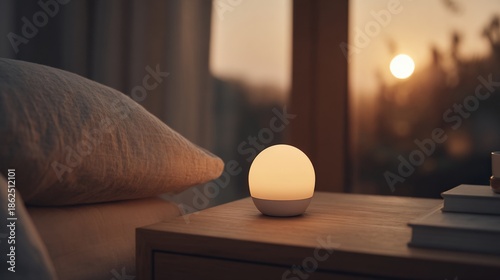 Soft glow from a lamp on nightstand with a pillow, books and a window with a sunrise